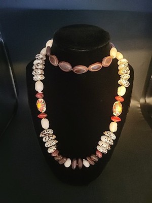 Boho Statement Infinity Necklace Dried Seed/Bean Beads W/Handpainted Flowers 30''