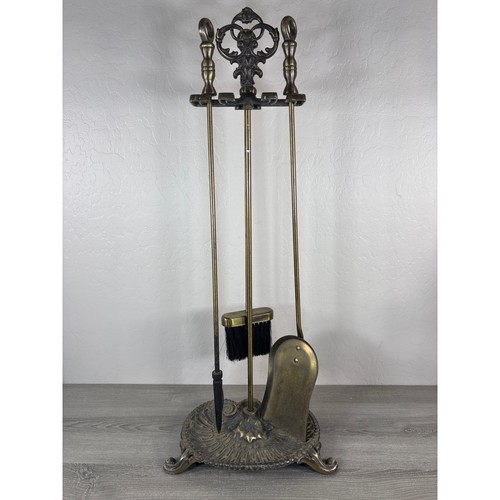 Vintage Brass Cast Iron Fireplace Tool Set Ornate Victorian Hearth 4 Piece Set