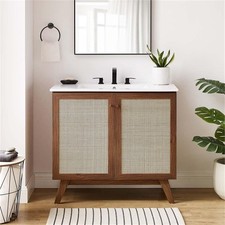 Pemberly Row 36" Modern Wood Bathroom Vanity Cabinet with Rattan Door in Walnut