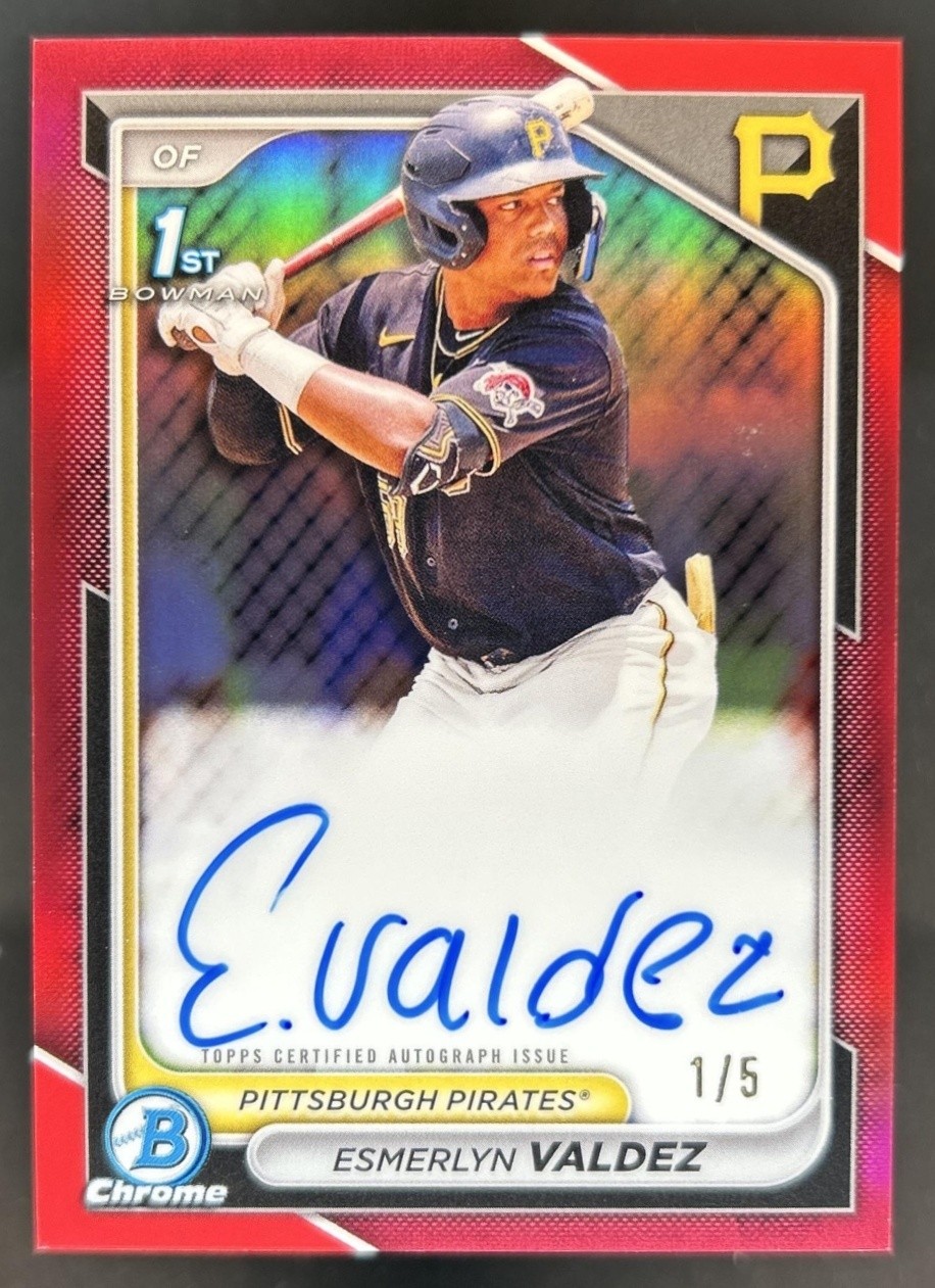 2024 Bowman Esmerlyn Valdez Chrome Auto Red Refractor 1st Prospect #/5 Pirates