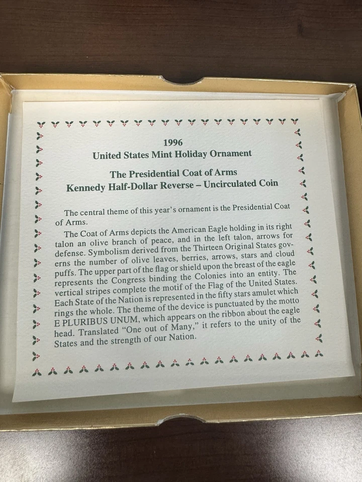 Adorno navideño Kennedy 1996 como nuevo de Estados Unidos medio dólar reverso con caja Foto 4 de 4