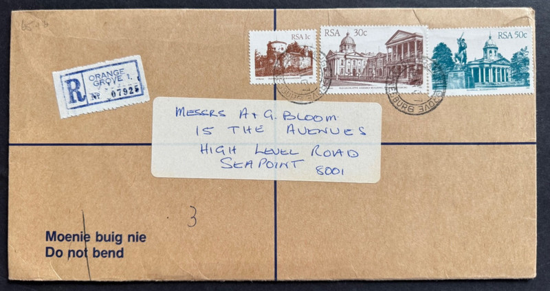 AtoZ. South Africa 1987 Registered 81c Orange Grove to Sea Point