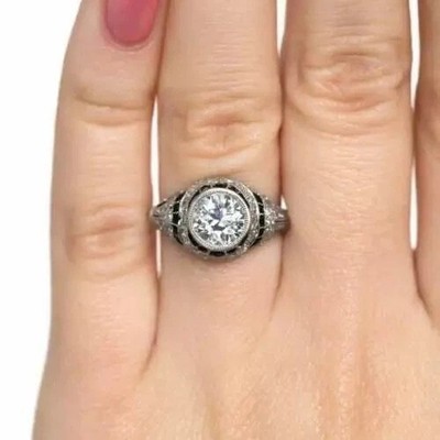 Art Deco 1.35 CT Round Cut Lab Created Diamond & Onyx Engagement 925 Silver Ring
