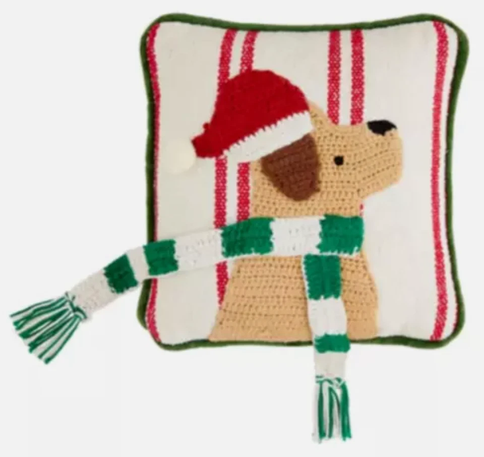 MUD PIE NATAL FERIADO MINI 8" TRAVESSEIROS DE CROCHÊ CACHORRO ACENTO (QUANTIDADE 3) NOVO COM ETIQUETAS - Imagem 4 de 4