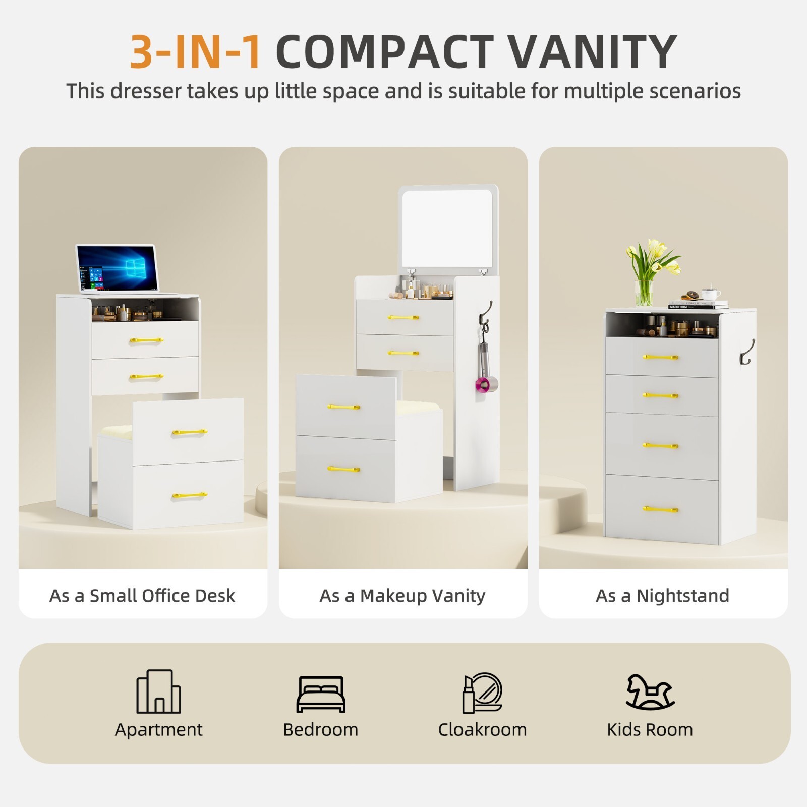 3 in 1 Vanity Desk with Flip Top Mirror, Makeup Table with Glass Top & 3 Drawers