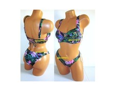 VICTORIA SECRET Swim 32DD Lace Up Top Bikini Set Brazilian Bottom S M Floral
