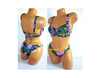 VICTORIA SECRET Swim 32DD Lace Up Top Bikini Set Brazilian Bottom S M Floral