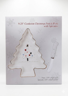 Castleton Christmas Snack Plate Tree Shaped Ceramic Dish Spreader Knife NIB