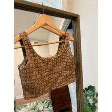 Brown Floral Print Scoop Neck Crop Tank Top Made in USA Size S Grandma Cozy Knit