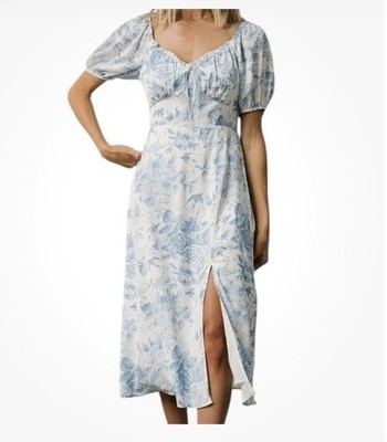 Baltic Born Cadence Midi Dress Blue Floral Fairy Puff Slv Chiffon Milkmaid New M
