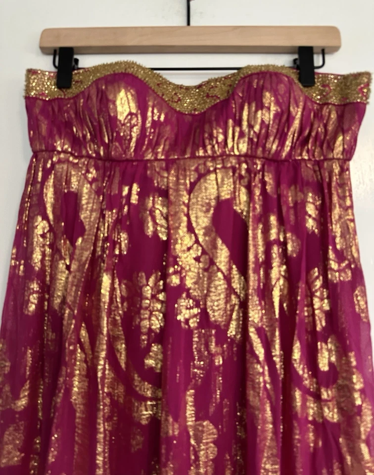 aidan mattox Fuschia & Gold Metallic Beaed Silk Chiffon Strapless Dress Size 6 - Image 3 of 4
