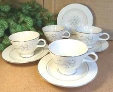 Set of 4 Mid Century China Homer Laughlin Celeste Pattern Tea Cups & Saucers 
