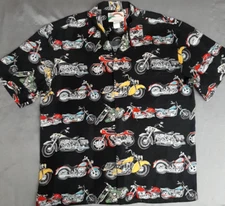 Paradise Found Vintage Motorcycle Print Black Hawaiian Shirt Men’s sz. L Rayon