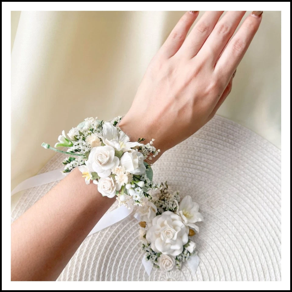 Set 2 pieces Paper Flowers Wedding Bridesmaids Bracelet Corsage Boho Party - Image 2 of 4