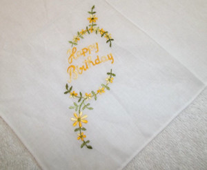 Old Store Stock UnUsed LADIES Handkerchief Embroidered Yellow HAPPY BIRTHDAY