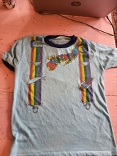 Vintage RARE 1970s Shazbot Mork  Mindy blue graphic tee shirt rainbow suspender