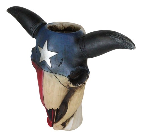 Western Patriotic Texas State Flag Lone Star Rustic Cow Skull Vase Planter Decor - 第 2/9 張圖片