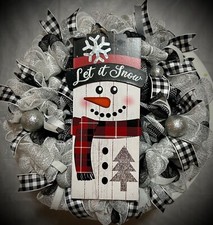 black  white plaid Christmas Wreath snowman let it snow 20" holiday wreath