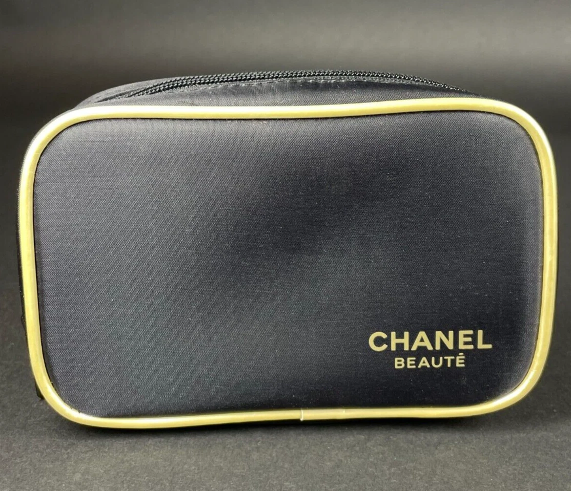 Vintage Chanel Beaute Black Fabric Zippered Cosmetic Makeup Bag 4x6.25x1.75