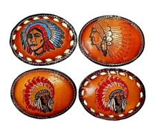 INDIAN CHIEF Belt BUCKLE Leather w/ White BUCKSTITCHING Vintage Native American