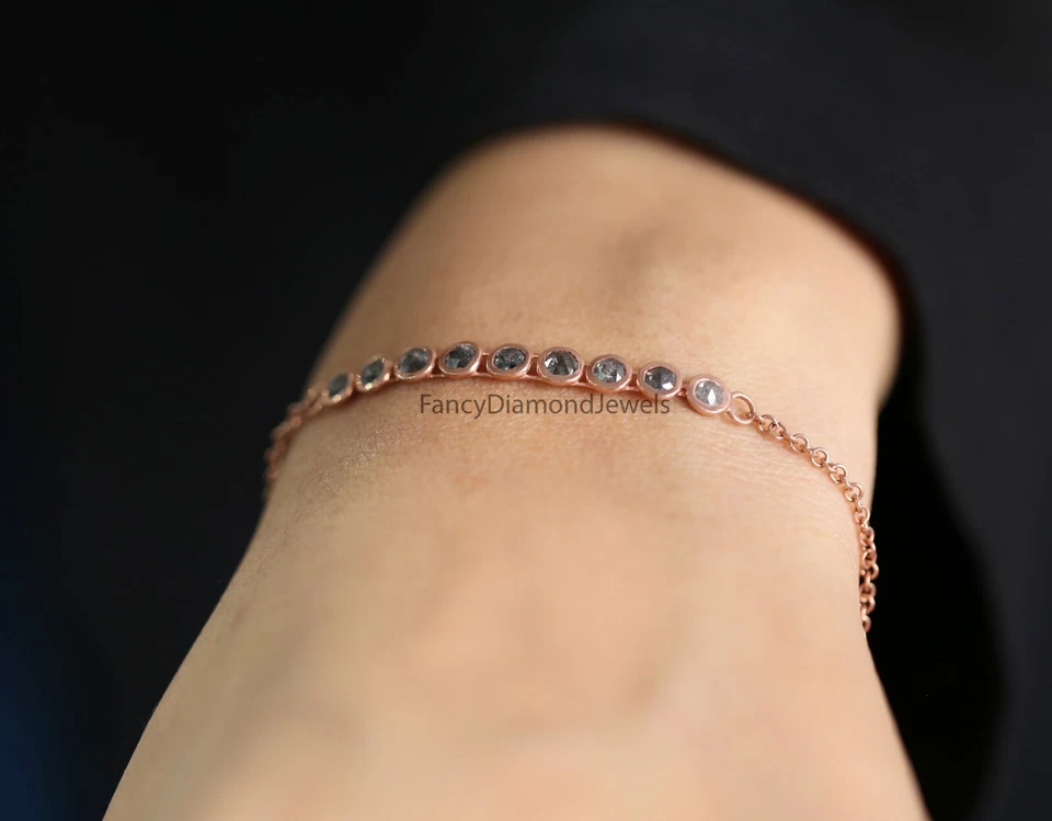 Brazalete redondo de sal y pimienta de oro amarillo blanco rosa macizo de 14K KD1095 Foto 4 de 4