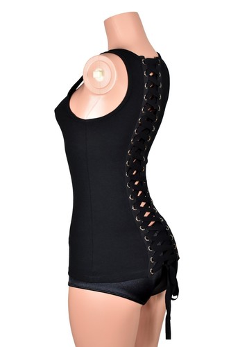 Black Lace-Up Back Extra Long Tank Top XS to XL metal grommet corset lacing goth - Picture 5 of 11