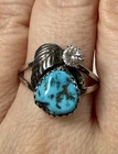 VTG Sterling Silver Kingman Turquoise CZ Feather Hopi Ring Size 8
