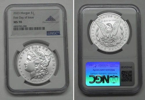2023 Morgan Dollar, NGC MS70 First Day of Issue, Folds of Honor Label  #3088