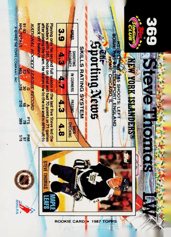 1992-93 Stadium Club #369 Steve Thomas New York Islanders - Image 2 of 2