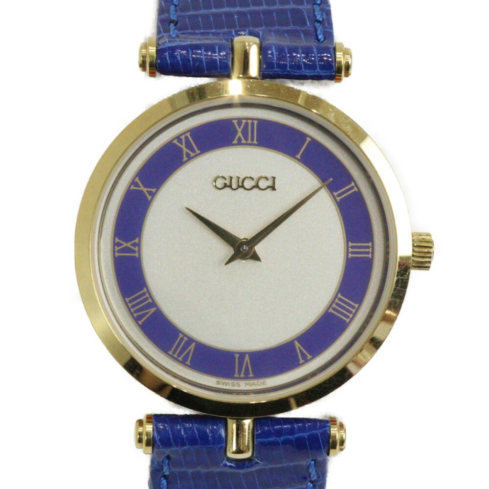 Gucci Shelley Gold Plated Quartz Watch Leather Strap White Blue Dial Men and Women