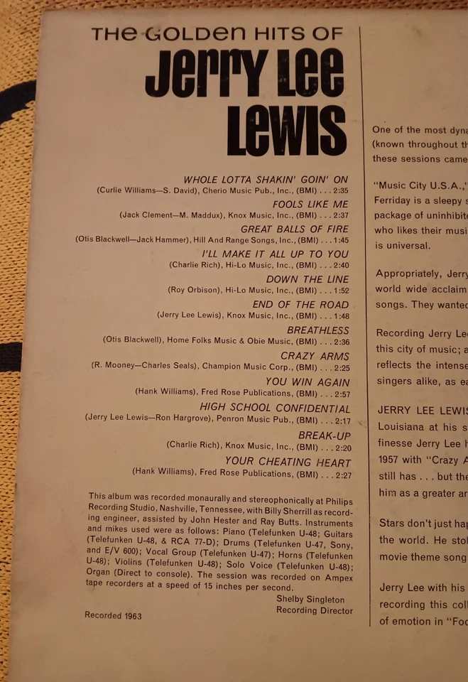 The Golden Hits Jerry Lee Lewis The Killer Vinyl LP Smash MGS 27040 1963 RARE!! - Image 3 of 4