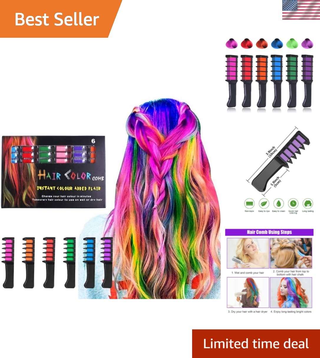 Vibrant 6-Color Hair Chalk Comb Set &ndash; Safe Temporary Hair 
