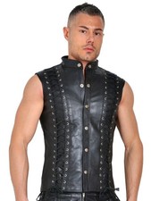 Men's Black Leather Biker Vest Sleeveless Gothic Waistcoat Lace Up Front  Back