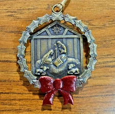 Brass Nativity Manger Christmas Ornament Christian Mary Joseph Jesus Holiday