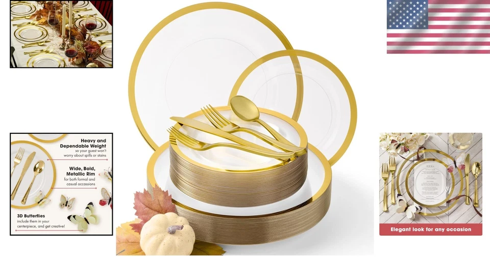 Juego de vajilla de peso pesado transparente y dorado para 25 invitados Foto 2 de 4
