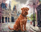 8x10 Watercolor Painting Irish Terrier in a Town Square Art Print Cute Dog