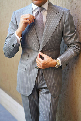 Men Gray Stripes Suit Stylish Designer Wedding Casual Dinner Suit (Coat+Pants)