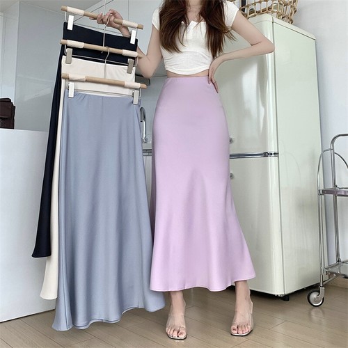 Women Elegant Satin Black Trumpet Skirt High Waist Slim Long Hip Skirt