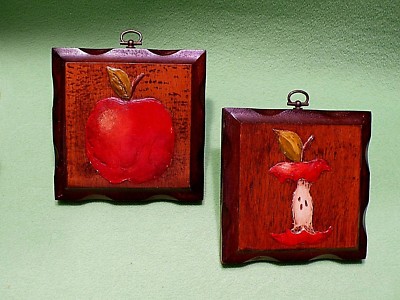 2 pc Hand painted ART on wooden boards. Before & after RED APPLE. Vintage 
