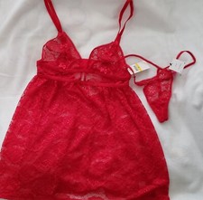 Betsey Johnson Red Allover Babydoll 2 Piece Nighty  Thong