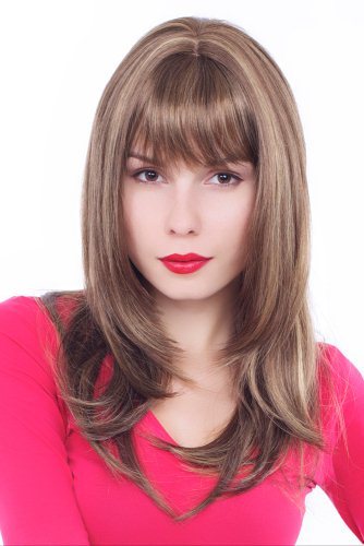 Women's Wig Long Sexy Bangs Brunette Blonde Highlights Striped 55cm