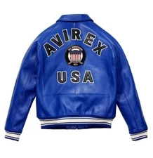 Men Avirex Blue Real Bomber American Flight Jacket Faux Leather Jacket for Men