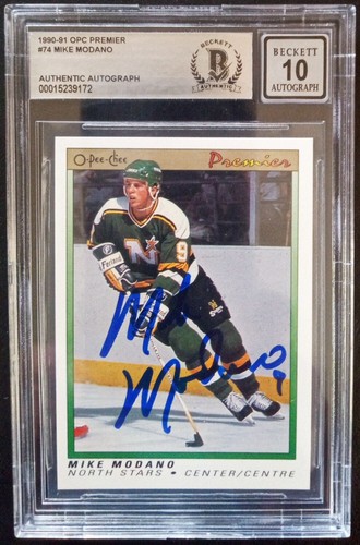 MIKE MODANO SIGNED NORTH STARS 1990 O-PEE-CHEE PREMIERE #74 w/ A PERFECT 10 AUTO