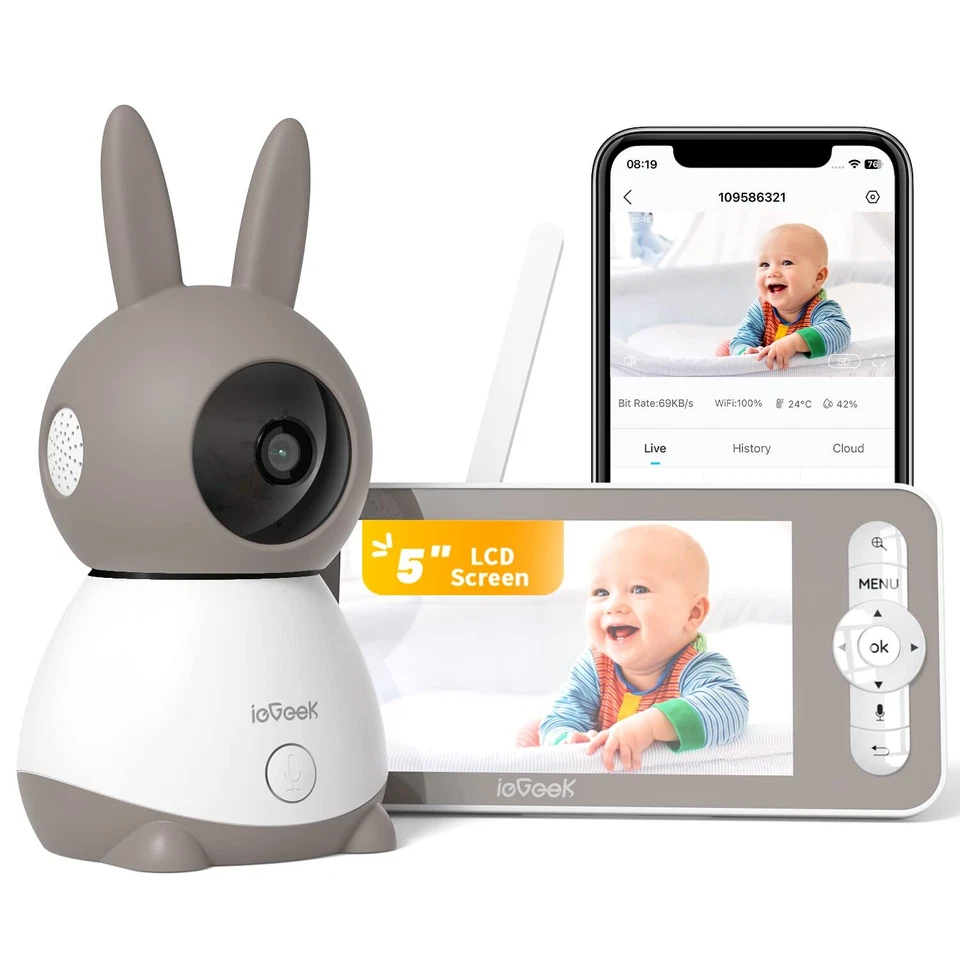 ieGeek Babyphone mit Kamera WLAN 2K Pan/Tilt Kamera mit 5" Farbdisplay 350°/55°
