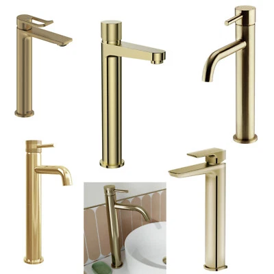 Brushed Brass Tall Hi Rise Mono Basin Bathroom Tap Freestanding Basin Designer