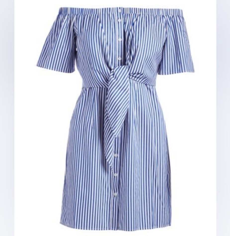 blue striped off shoulder dress Striped Off-Shoulder Ruffled Maxi Dress