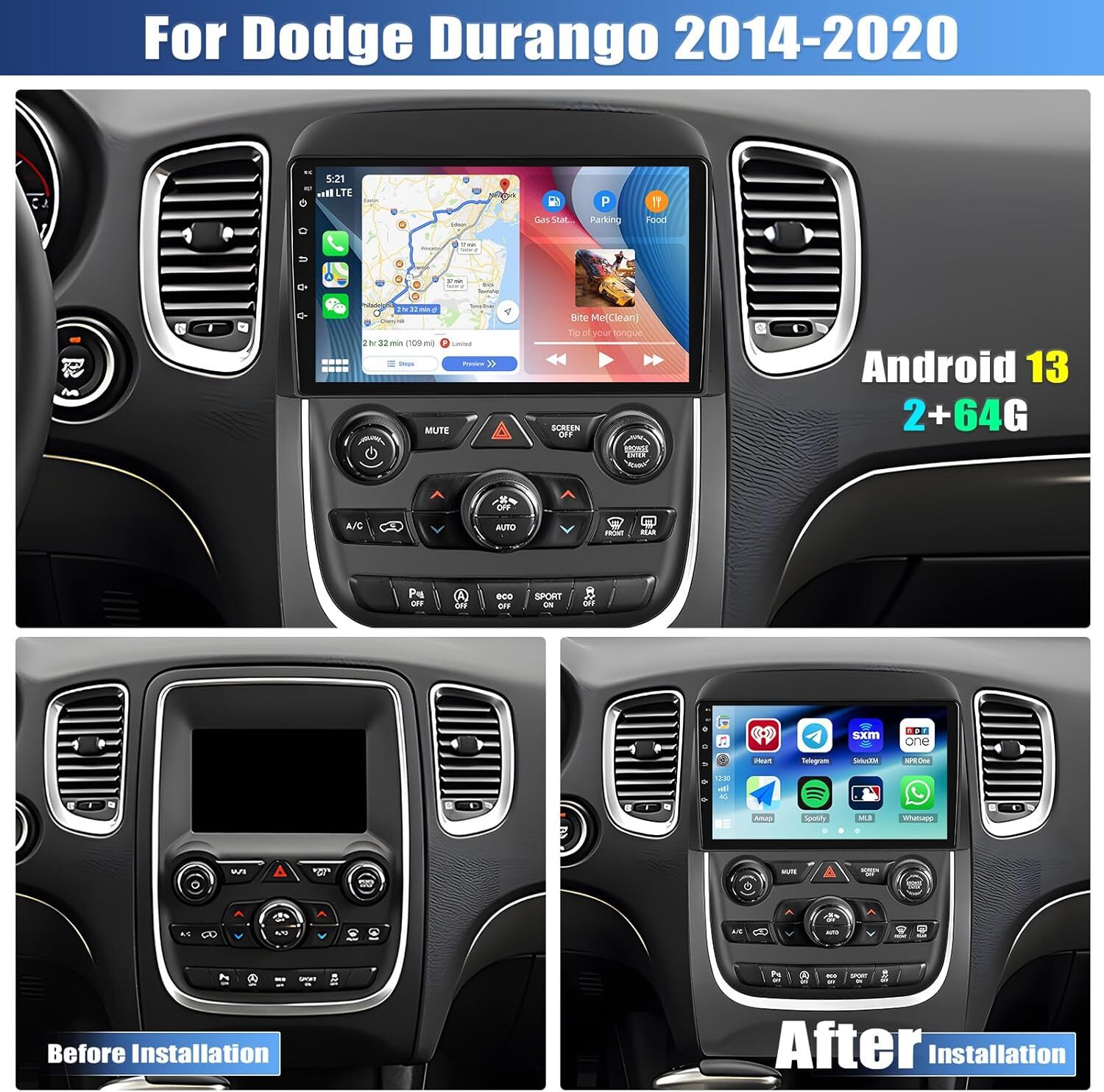 Android 13 Car Stereo GPS Navi Radio Carplay For 2014-2020 Dodge Durango 4+64GB