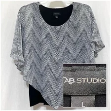 Size L Large AB STUDIO Women’s Short Sleeve, Black & White Blouse, Top, Shirt