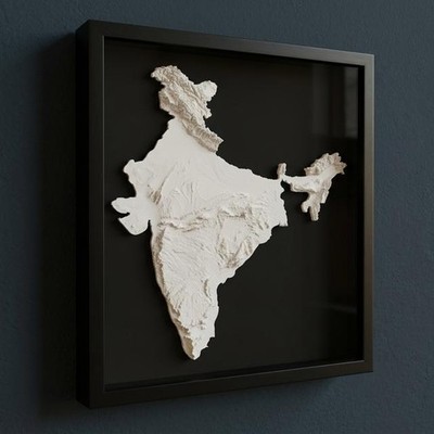 3D India Map Wall Art: Topography in Black Wood Frame