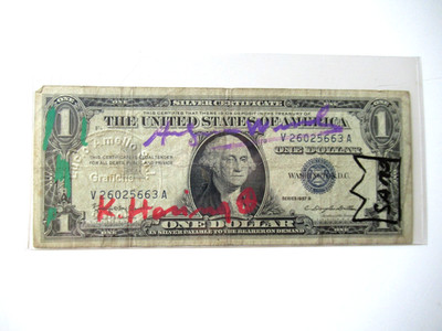 C) A. WARHOL/K. HARING/J. M.BASQUIAT: 1$ BANKNOTE 4x SIGNIERT, USPS 15.FEB 1977!